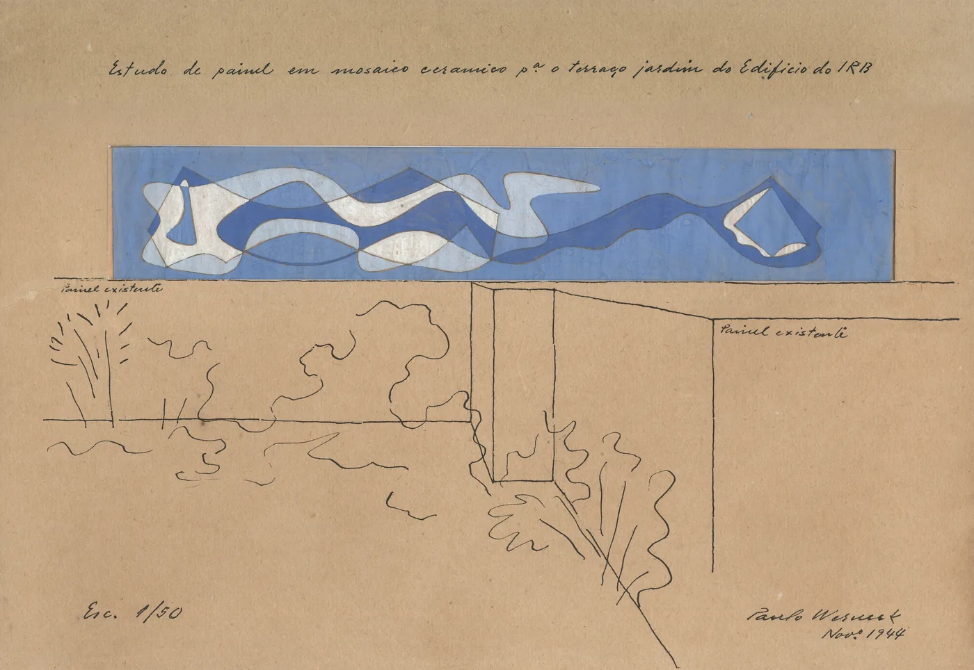 Guache original de Paulo Werneck: estudo para o painel do terraço-jardim do IRB, 1944